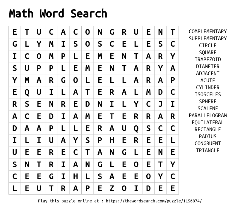 Math Number Word Search Worksheets