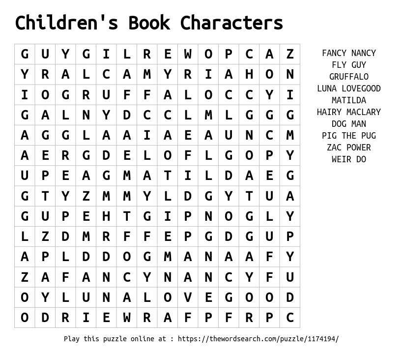 Download Word Search On Children s Book Characters