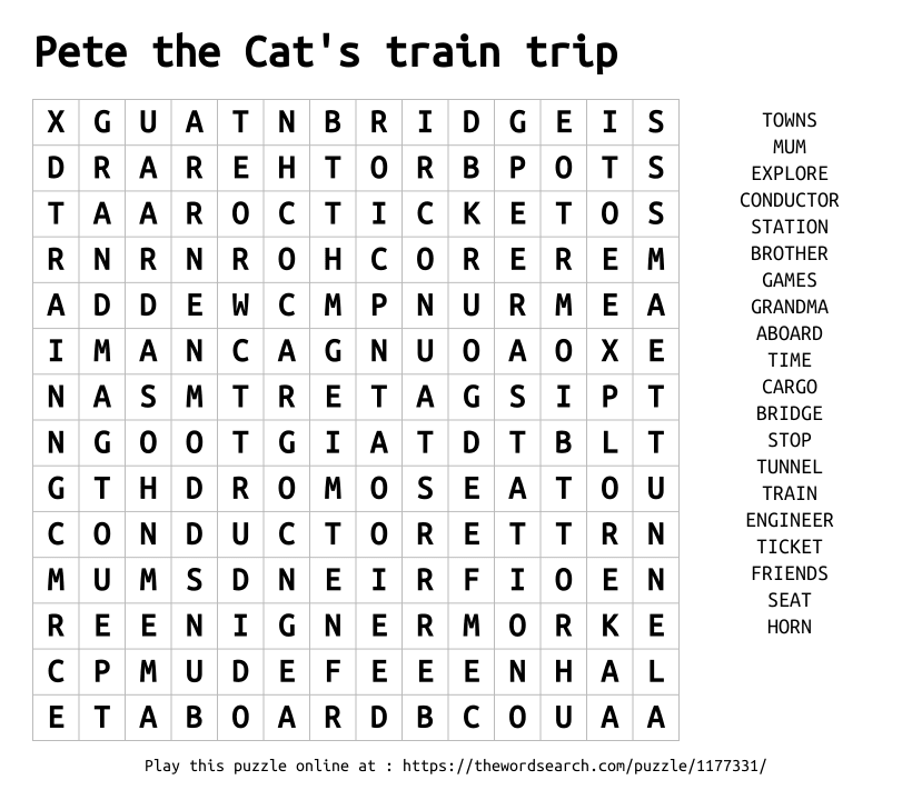 Word Search on Pete the Cat's train trip