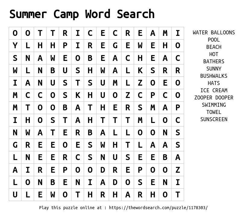 Summer Camp Word Search Word Search