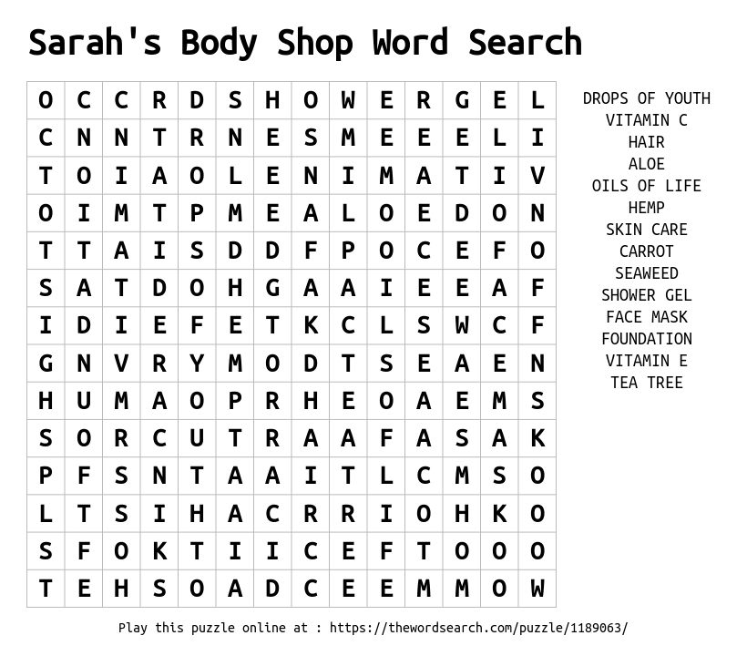 Download Word Search On Sarah S Body Shop Word Search