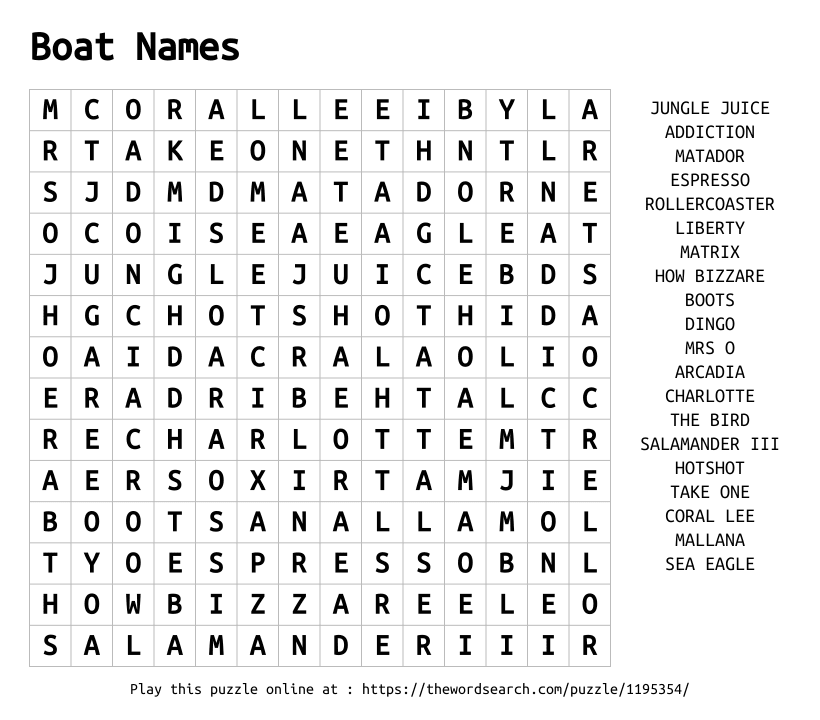 Word Search on Boat Names