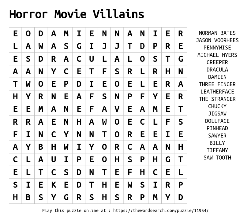 Download Word Search On Horror Movie Villains