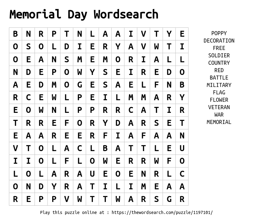 Download Word Search On Memorial Day Wordsearch