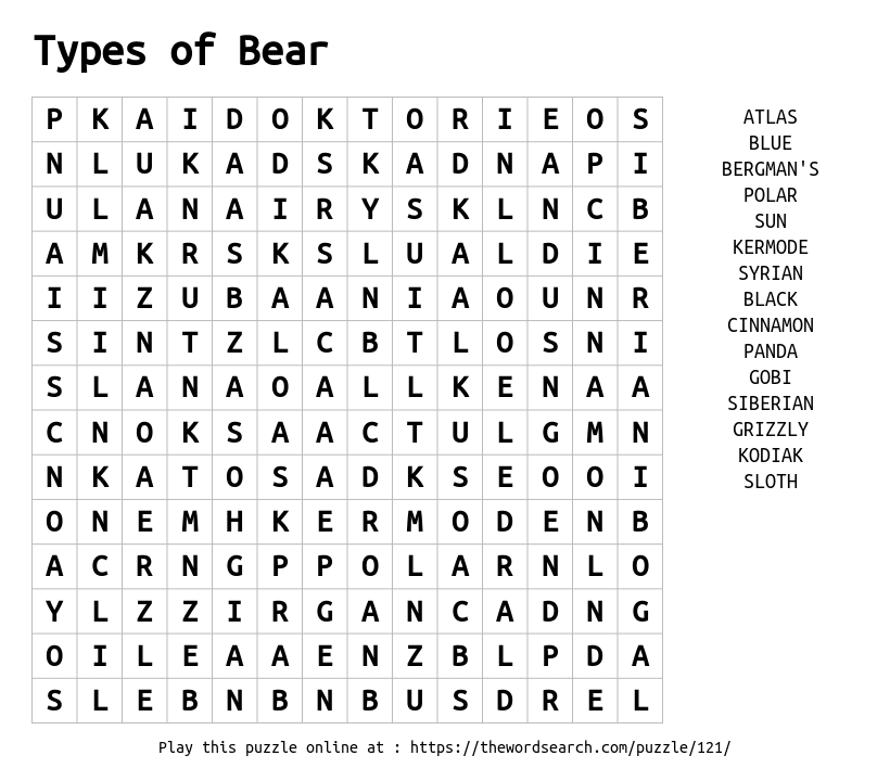 Download Word Search On Types Of Bear