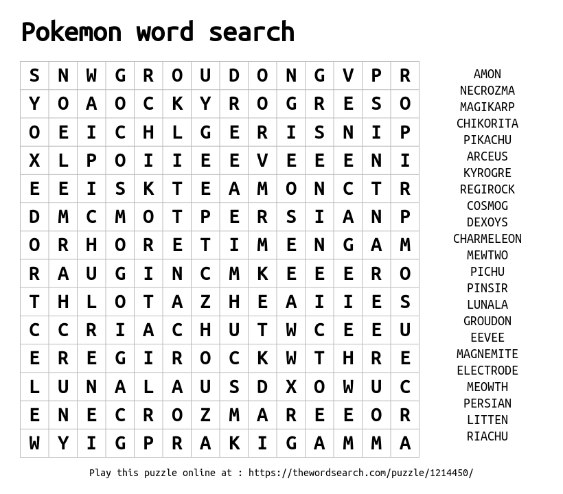 Download Word Search On Pokemon Word Search