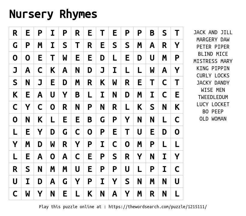 Download Word Search on Nursery Rhymes