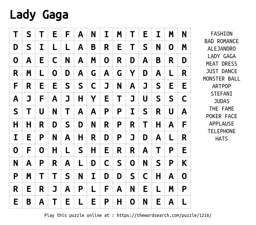 Download Word Search On Lady Gaga