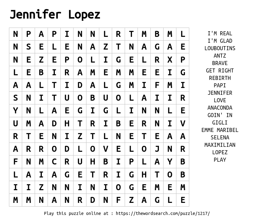 Word Search on Jennifer Lopez