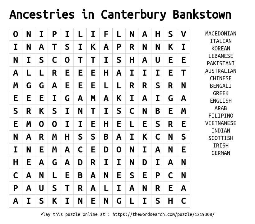 Word Search on Ancestries in Canterbury Bankstown