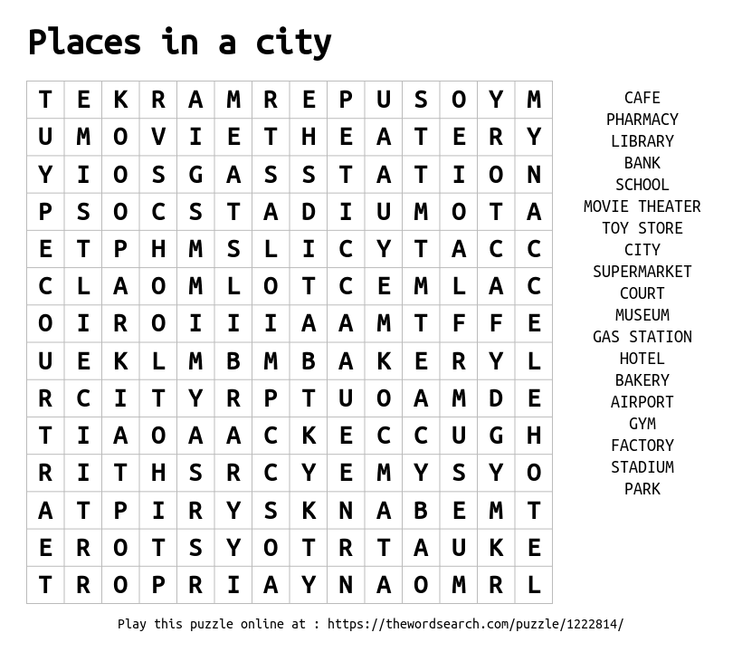 Places In A City Word Search