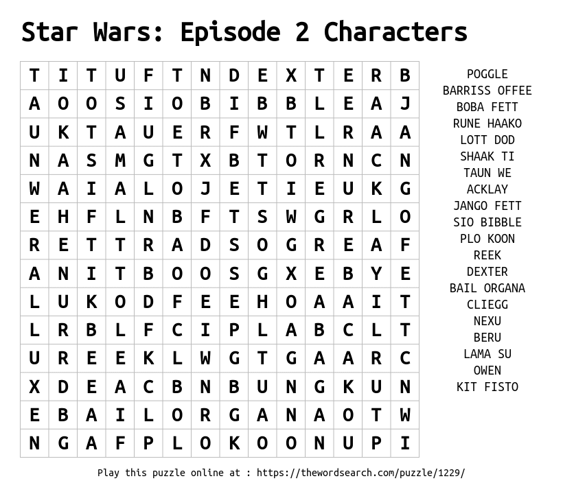 Word Search on Star Wars: Episode 2 Characters