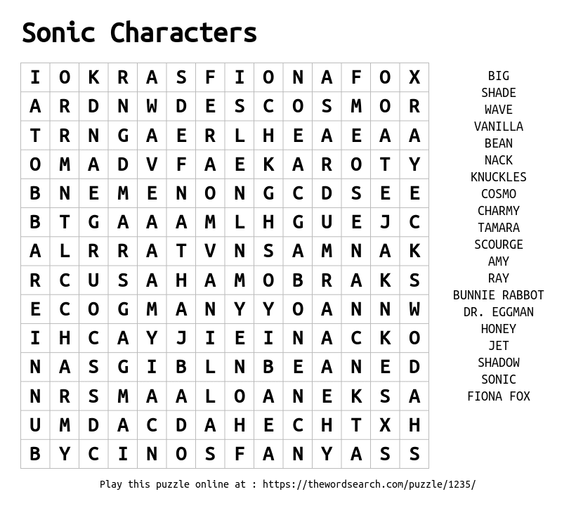 Word Search on Sonic Characters
