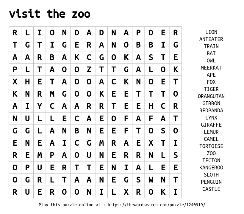 Download Word Search On Visit The Zoo