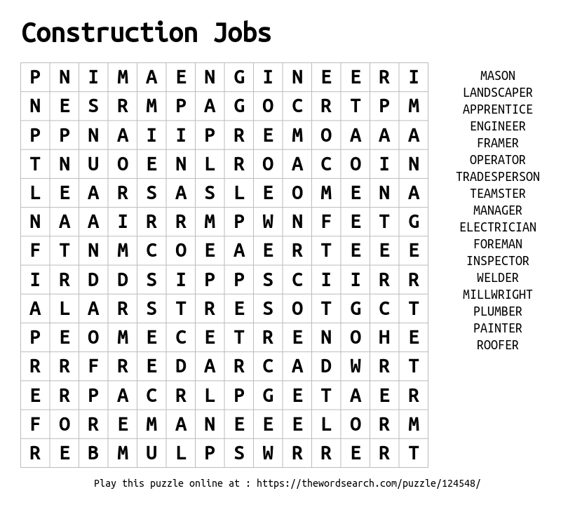 Word Search on Construction Jobs