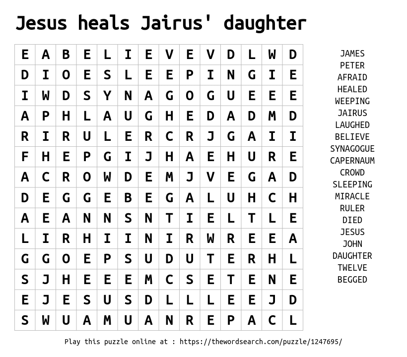 Download Word Search on Jesus heals Jairus #39 daughter