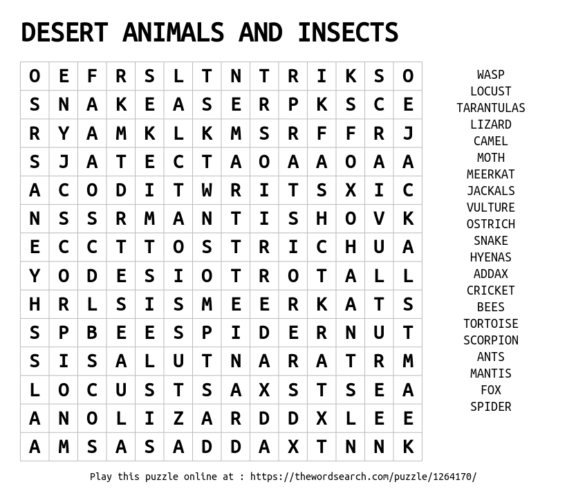 DESERT ANIMALS AND INSECTS Word Search