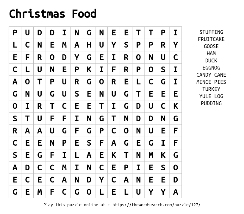 Word Search on Christmas Food