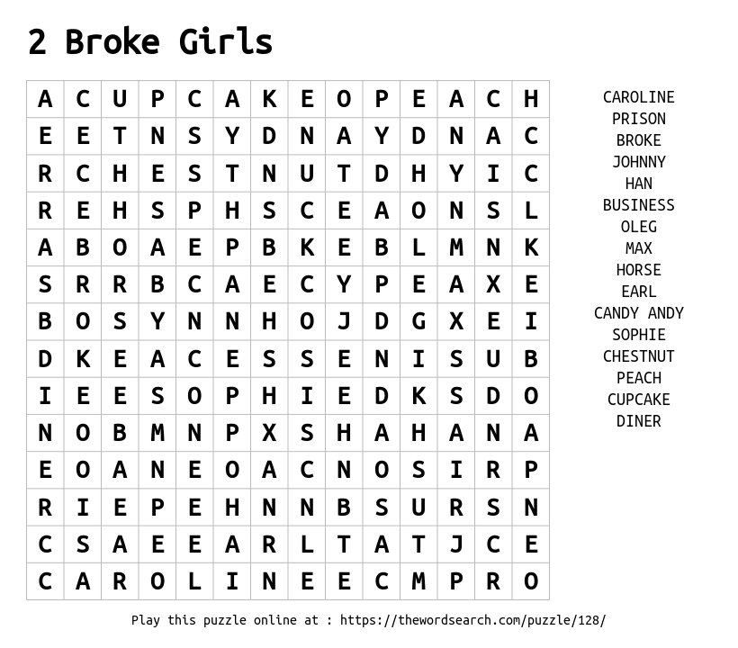 Word Search on 2 Broke Girls