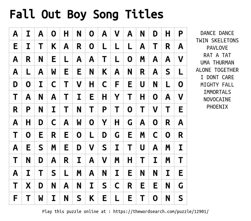Download Word Search On Fall Out Boy Song Titles
