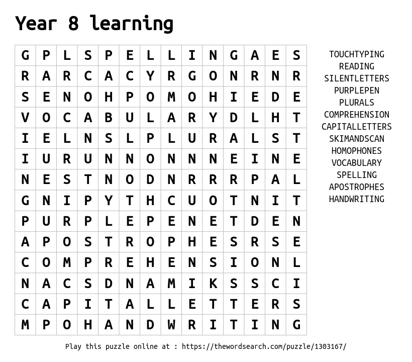 download word search on year 8 learning