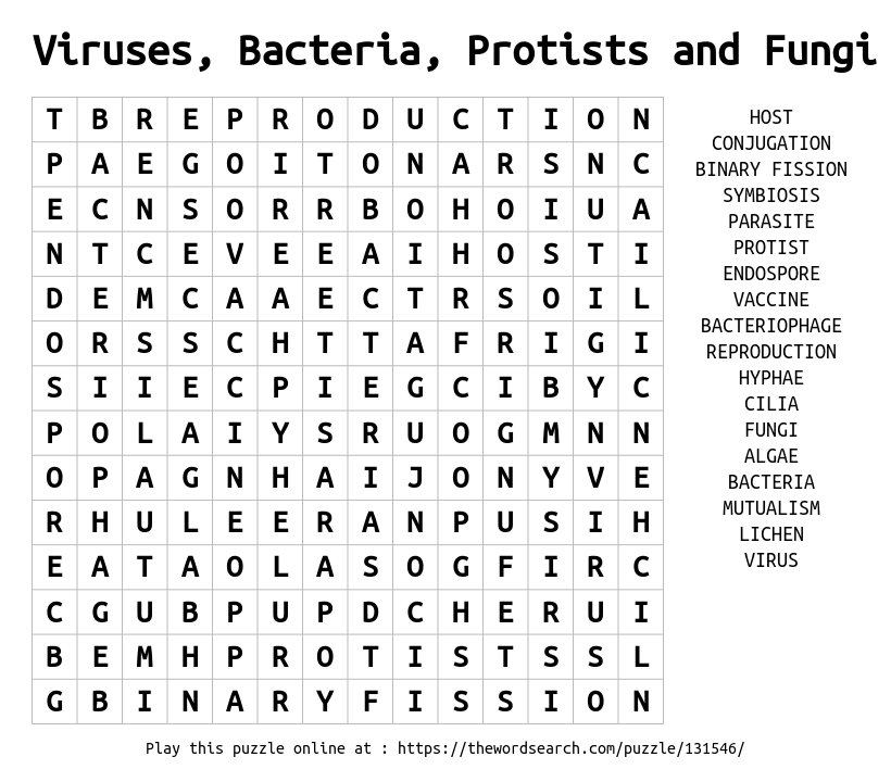 Viruses, Bacteria, Protists and Fungi Word Search