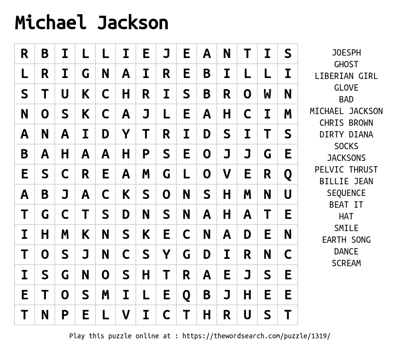 Michael Jackson Word Search Printable