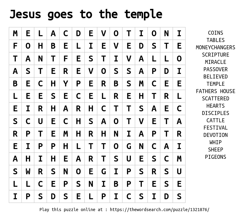 Word Search on Jesus goes to the temple