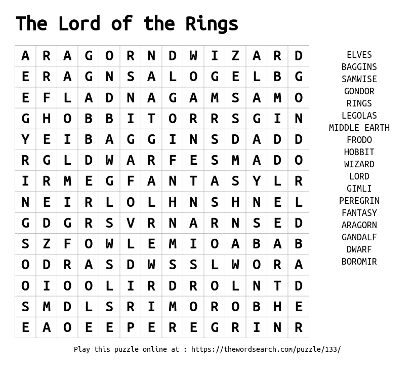 Lord Of The Rings Word Search Printable