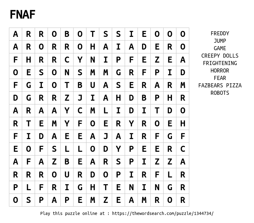 FNAF 4 Word Search - WordMint