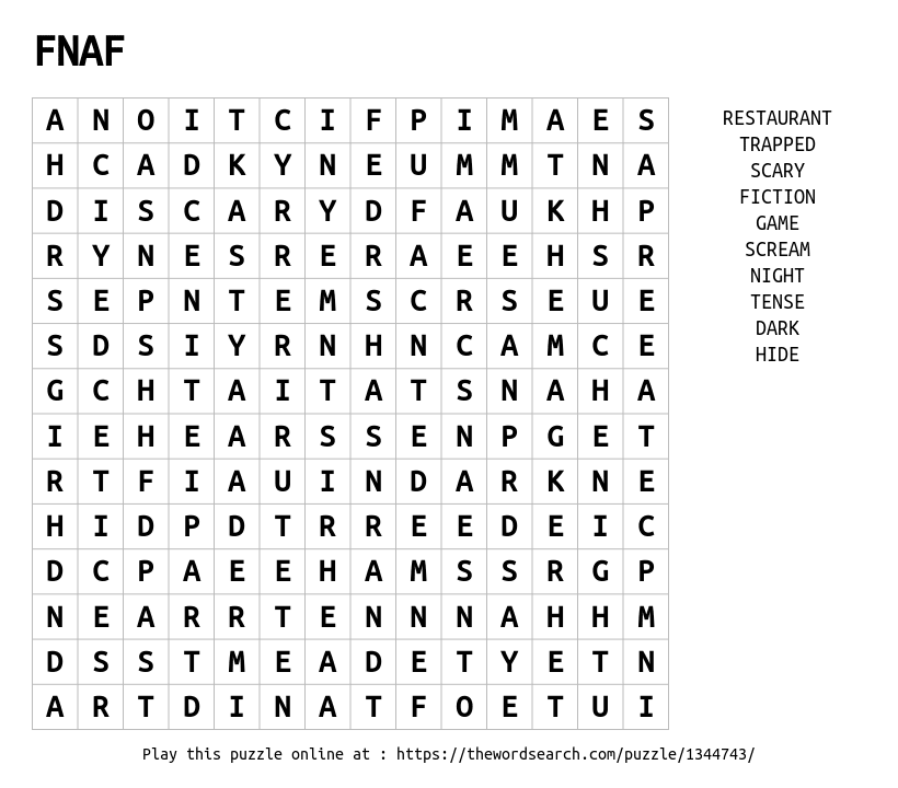 FNAF 4 Word Search - WordMint