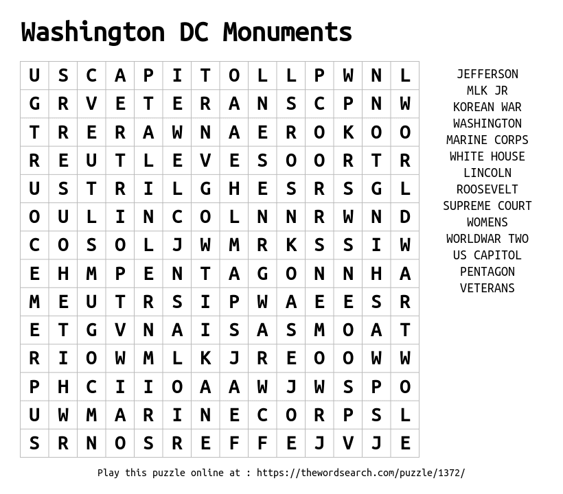 Download Word Search On Washington DC Monuments