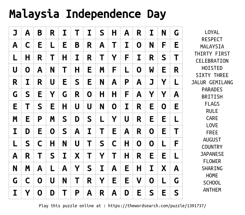 Download Word Search On Malaysia Independence Day