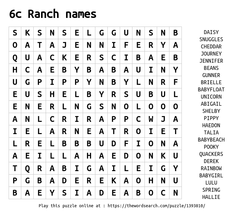 Word Search on 6c Ranch names