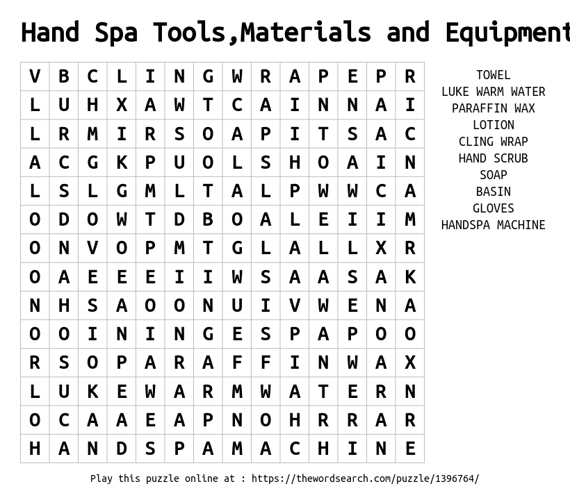 Download Word Search on Hand Spa Tools,Materials and Equipment