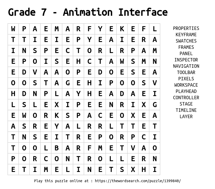 Grade 7 Animation Interface Word Search