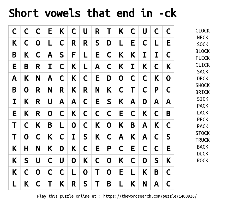 short vowels that end in ck word search