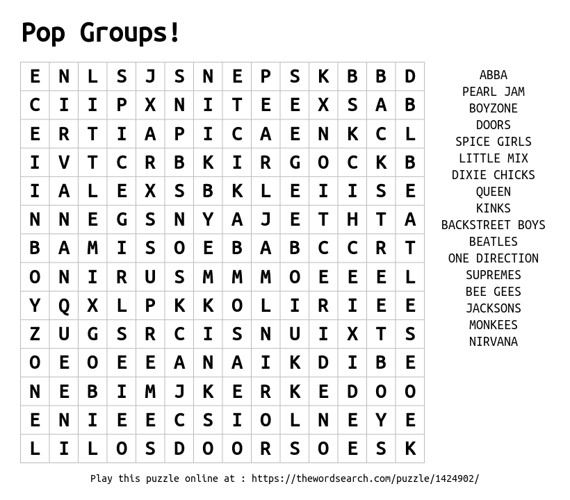 Pop Groups Word Search