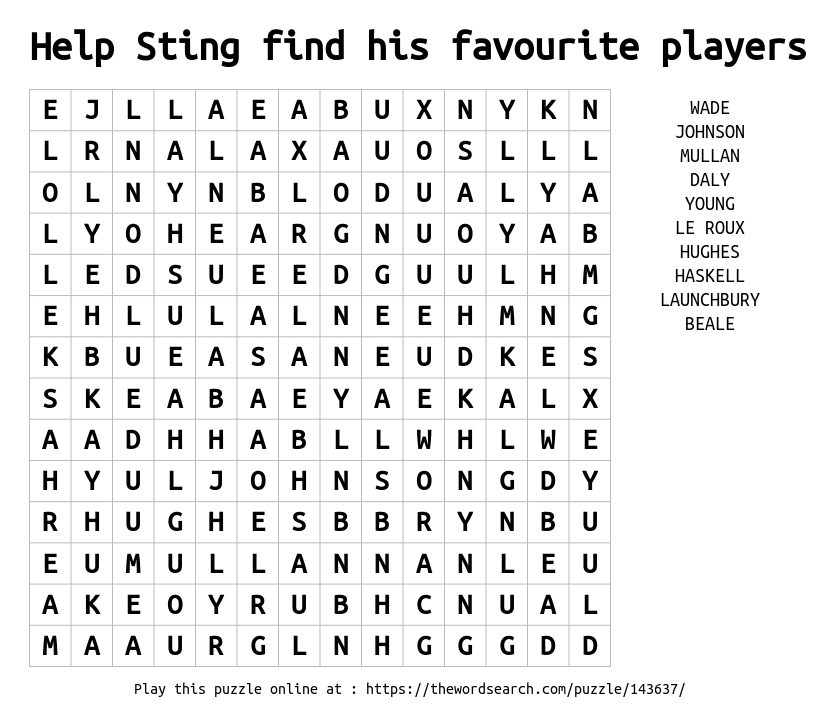 Download Word Search On Help Sting Find His Favourite Players