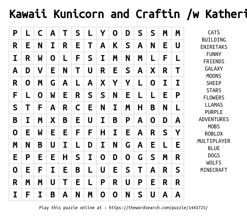 Kawaii Kunicorn And Craftin W Katherin Word Search - roblox word search