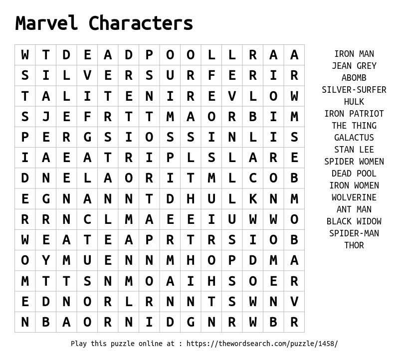 Download Word Search on Marvel Characters