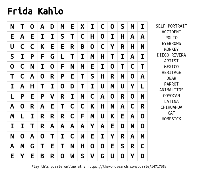 Download Word Search On Frida Kahlo