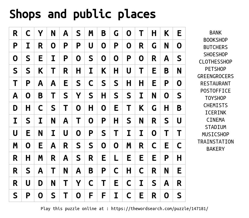 Shops and public places Word Search
