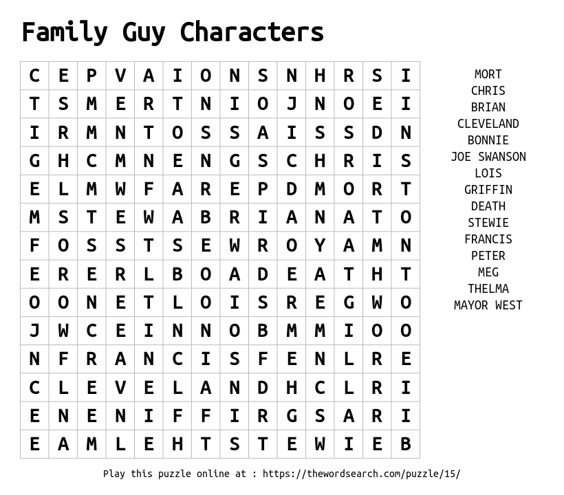 Download Word Search on Family Guy Characters