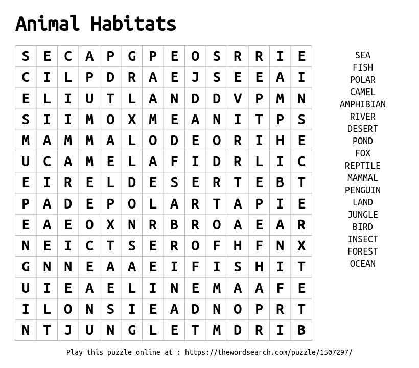 Download Word Search on Animal Habitats