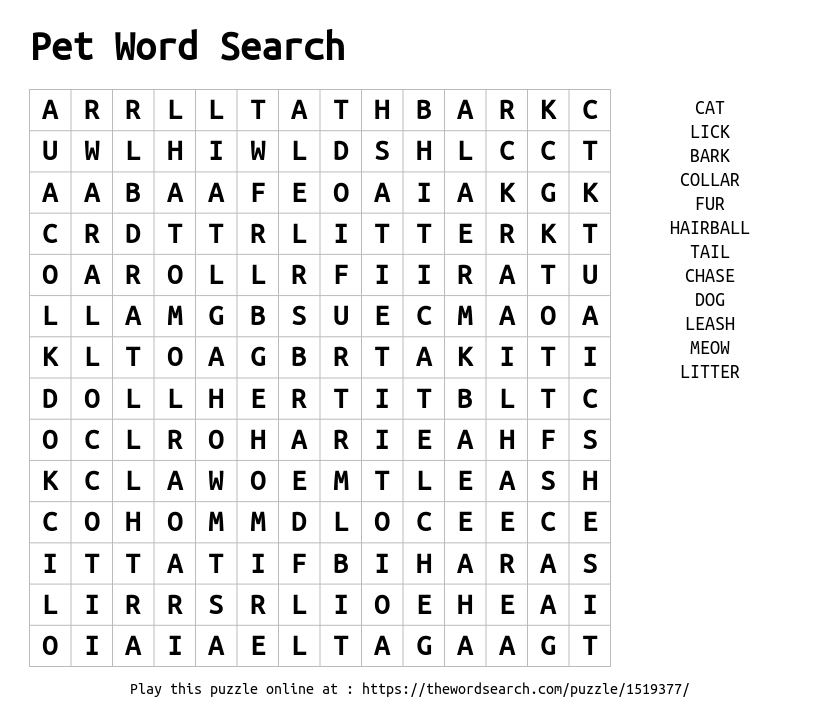 Download Word Search On Pet Word Search