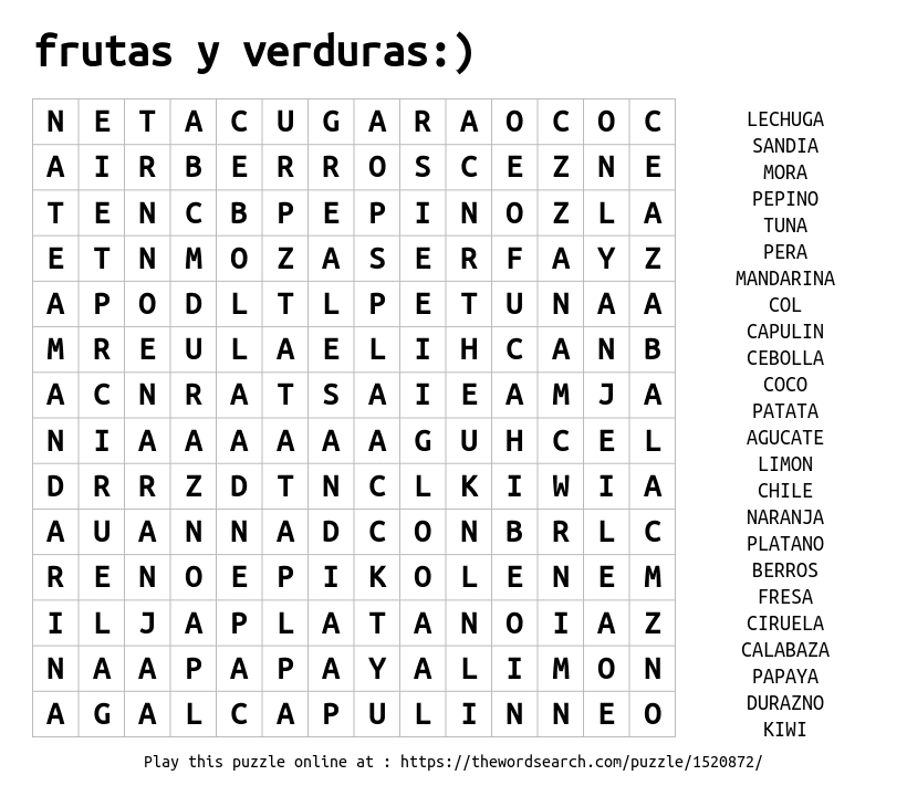 Frutas: Flash cards, Word search, Crossword and Word Wall