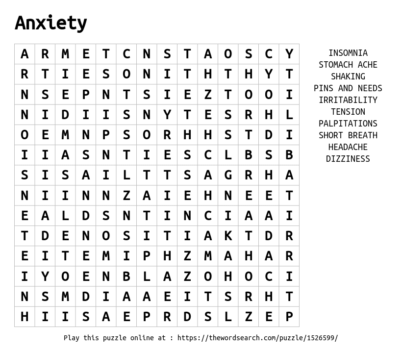 Free Printable Anxiety Word Search