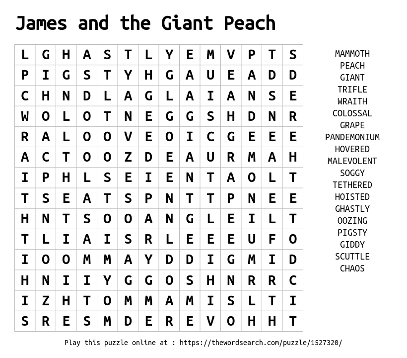 Download Word Search On James And The Giant Peach