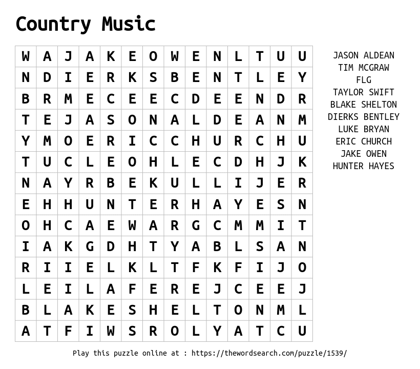 Word Search on Country Music 